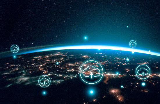 Foto simbólica do planeta terra com ilusrações da tecnologia em nuvem